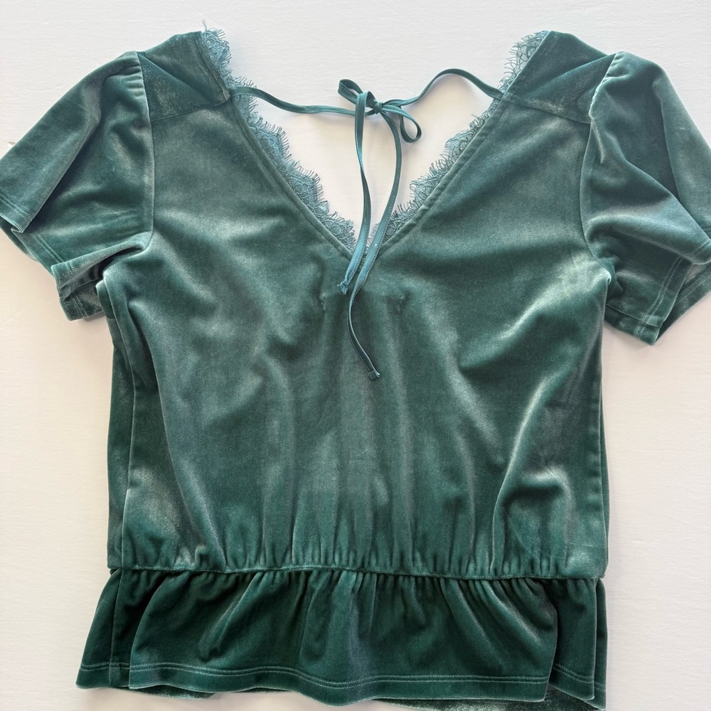 Abercrombie And Fitch Womens Emerald Green Velvet Top With Lace Trim Small - Picture 5 of 12